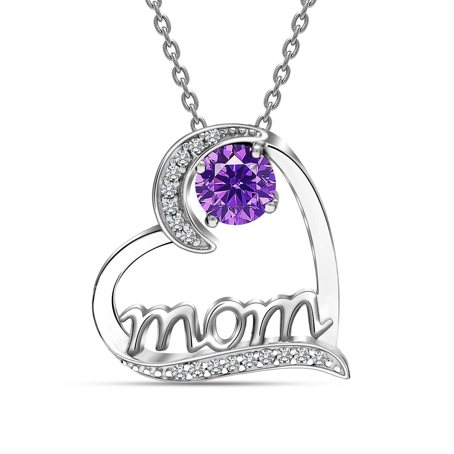 925 Sterling Silver Mom Love Heart Birthstone Pendant Necklace for Women