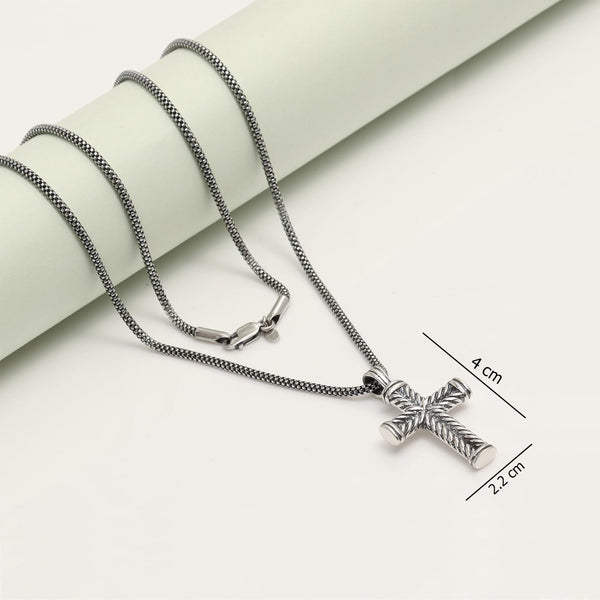 925 Sterling Silver Antique Chevron Cross Pendant Popcorn Chain Necklace for Men Boys