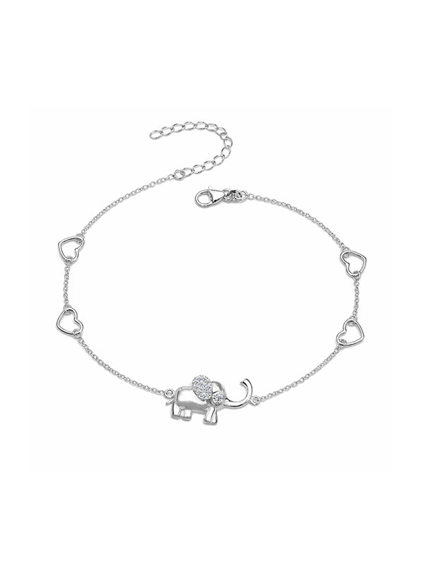 Serenity Silver Elephant Heart CZ Charm Anklet