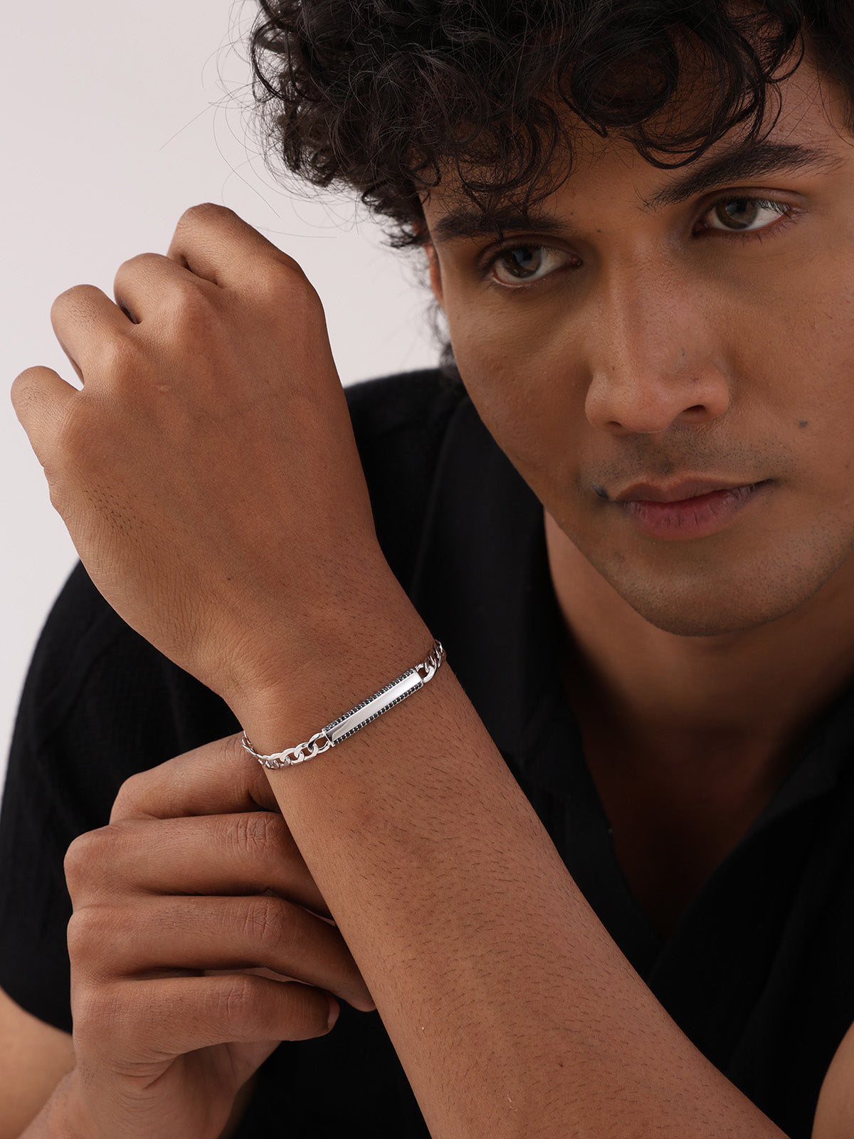 Silver CZ Border ID Chain Bracelet