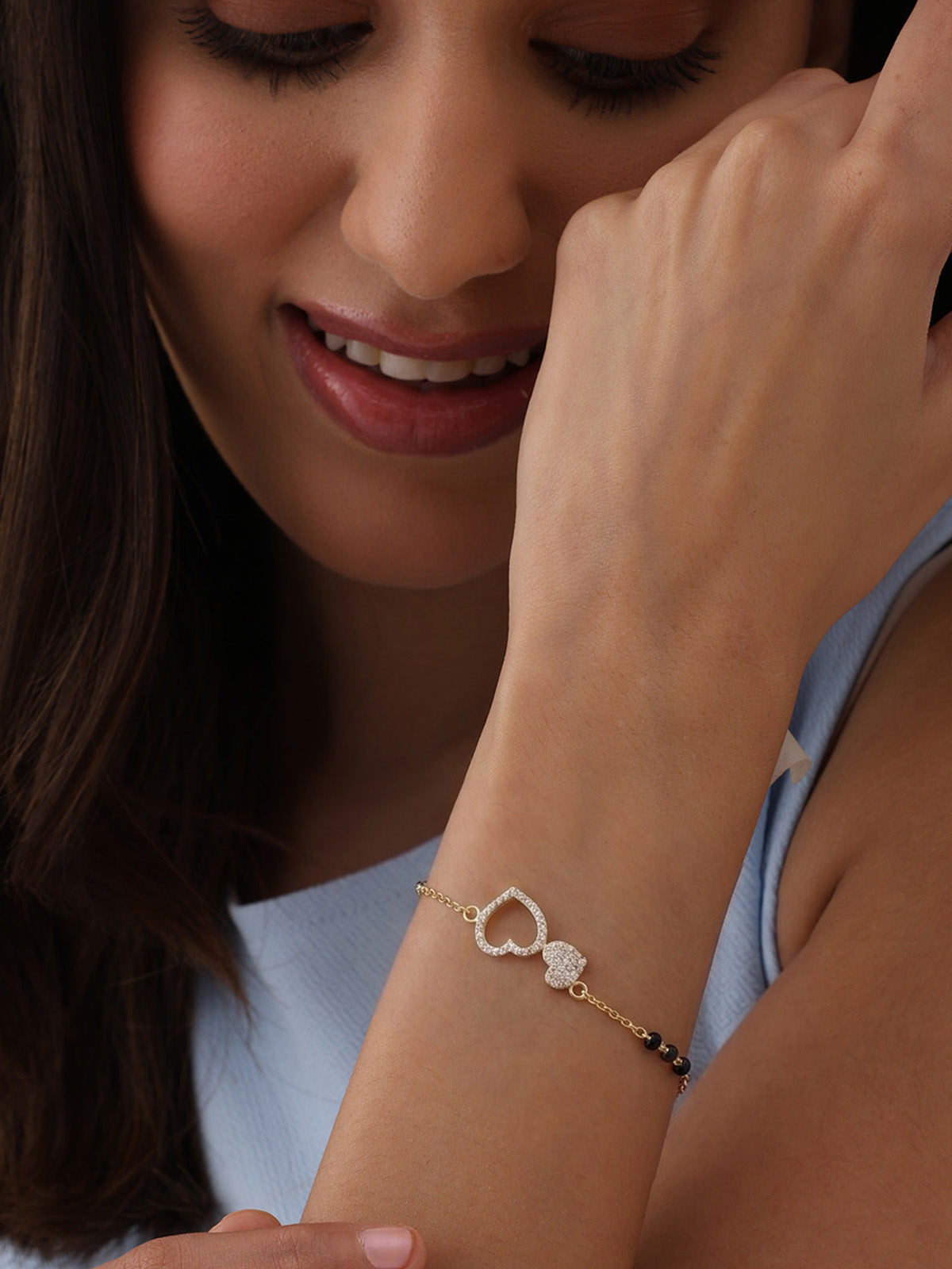 Gold Double Heart Crystal Mangalsutra Bracelet