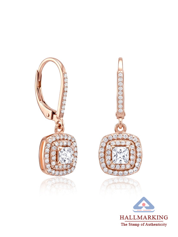 Rose Gold CZ Halo Drop Earrings