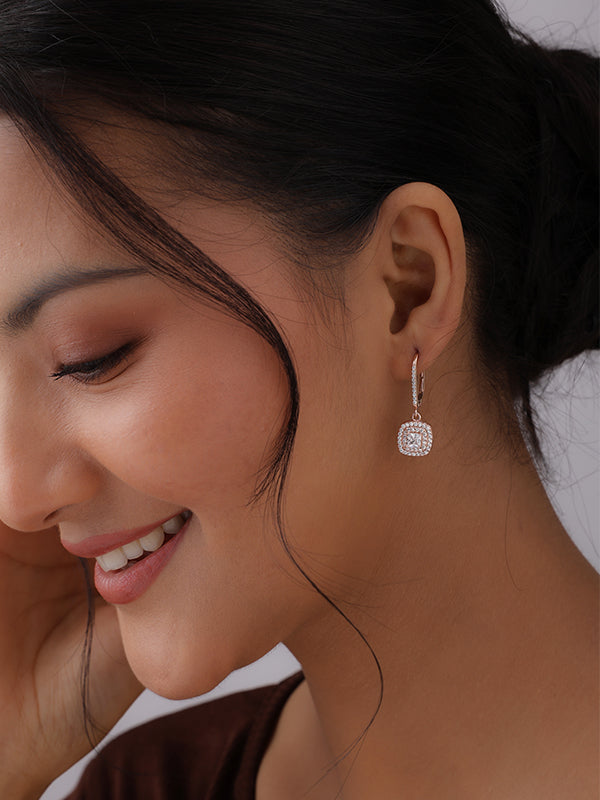 Rose Gold CZ Halo Drop Earrings