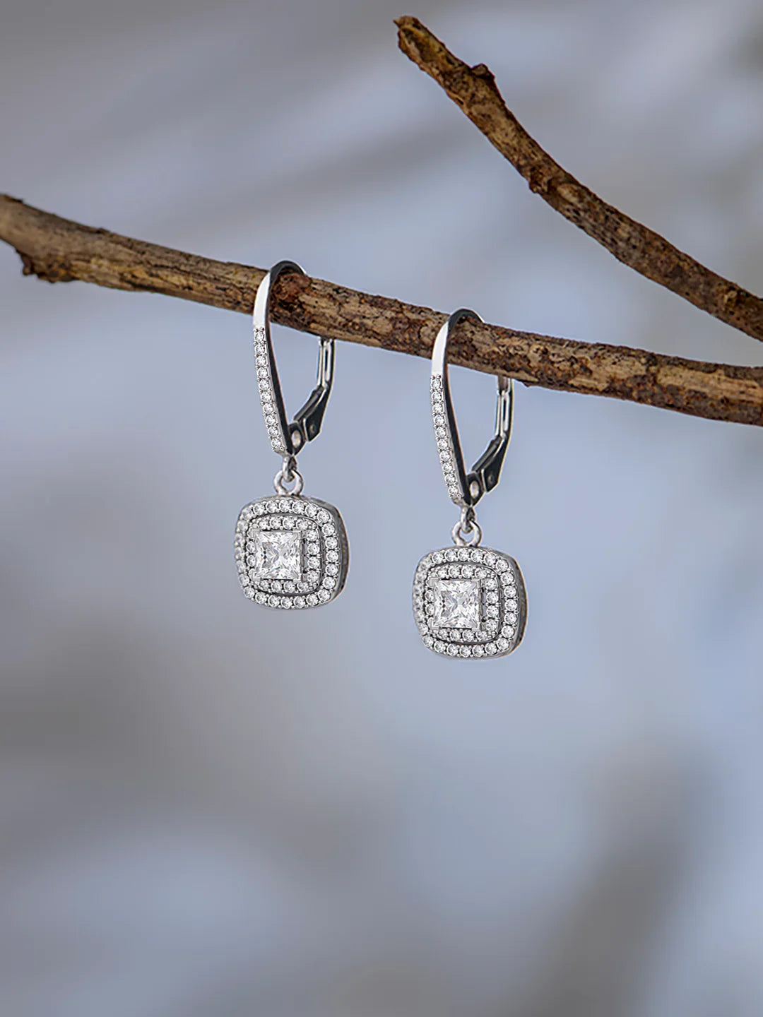 Rhodium Double Halo CZ Leverback Earrings