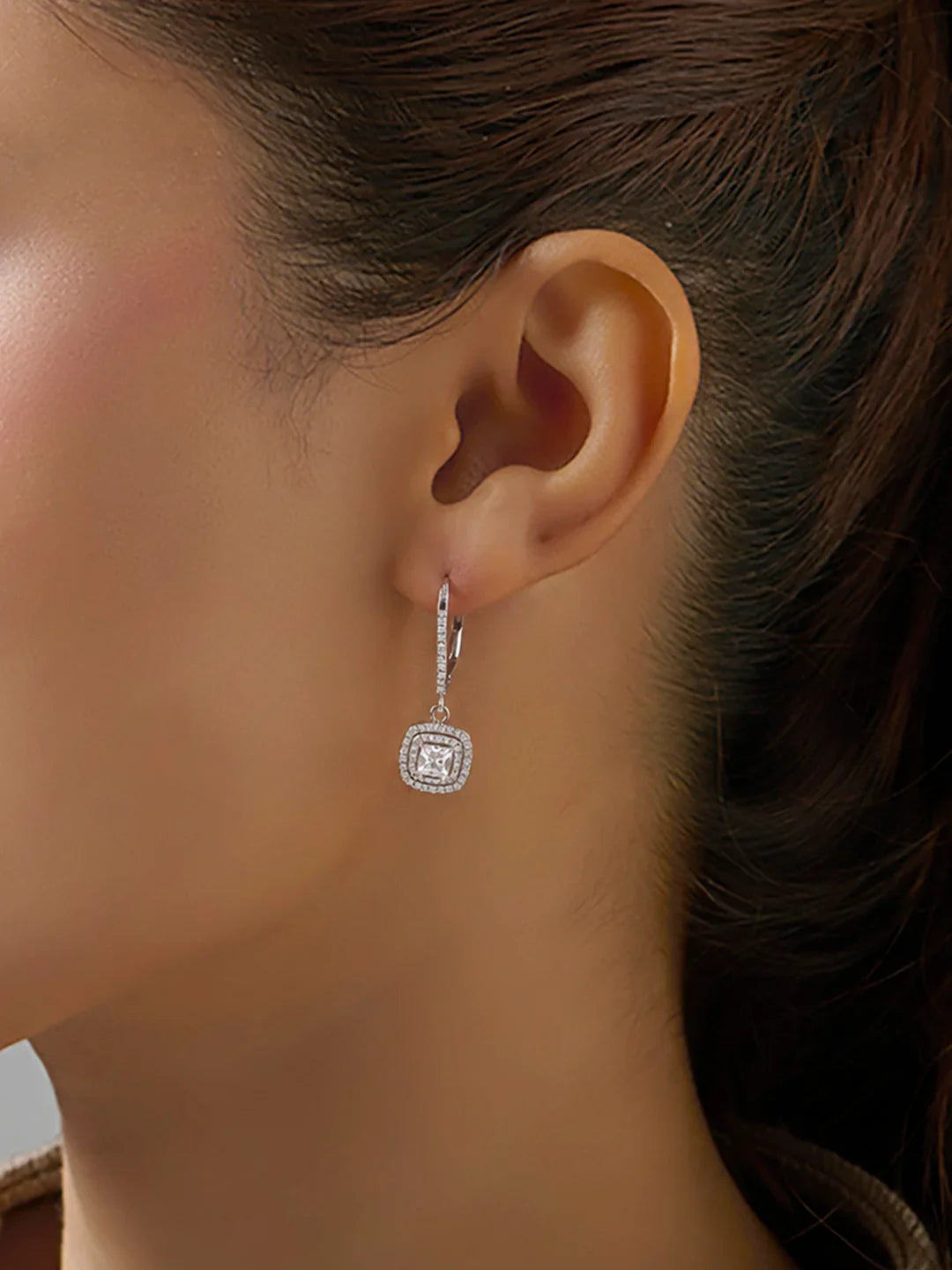 Rhodium Double Halo CZ Leverback Earrings