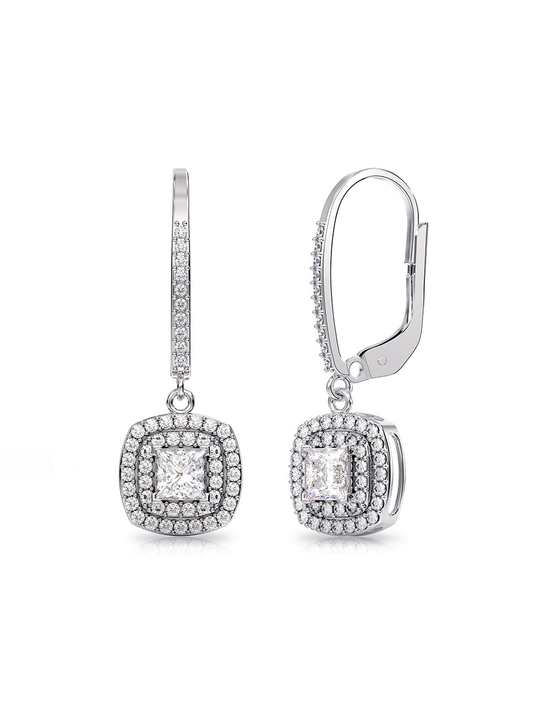Rhodium Double Halo CZ Leverback Earrings