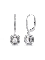 Rhodium Double Halo CZ Leverback Earrings