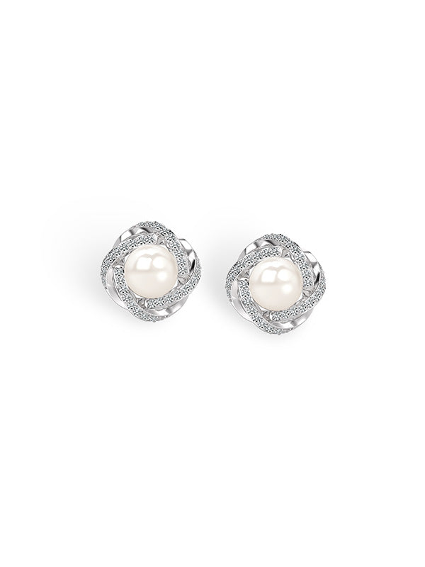 Pearl CZ Love Knot Stud Earrings