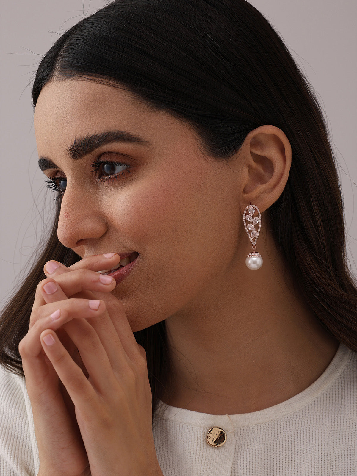 Pearl & CZ Teardrop Drop Earrings