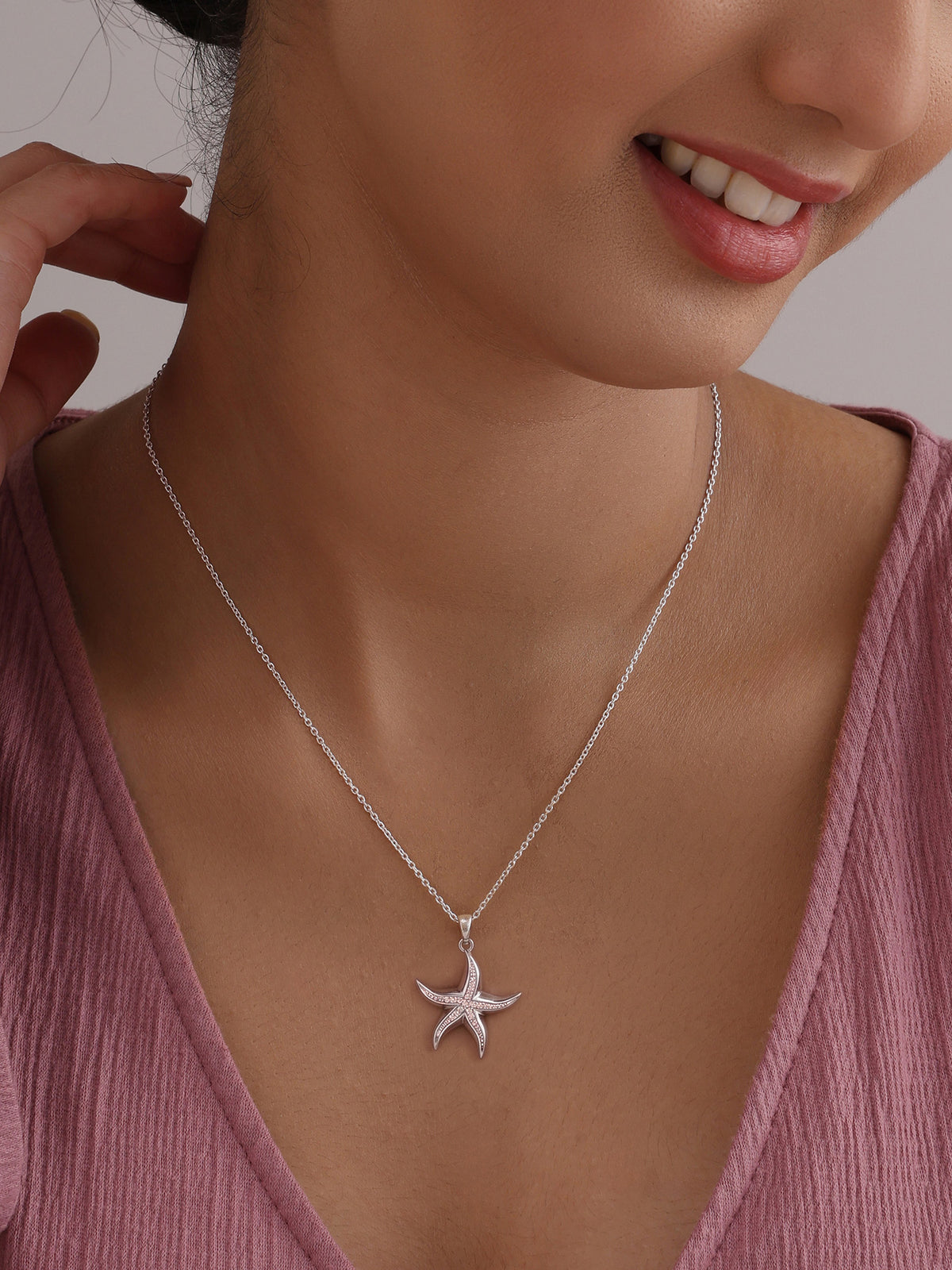 Silver Starfish CZ Pendant Necklace