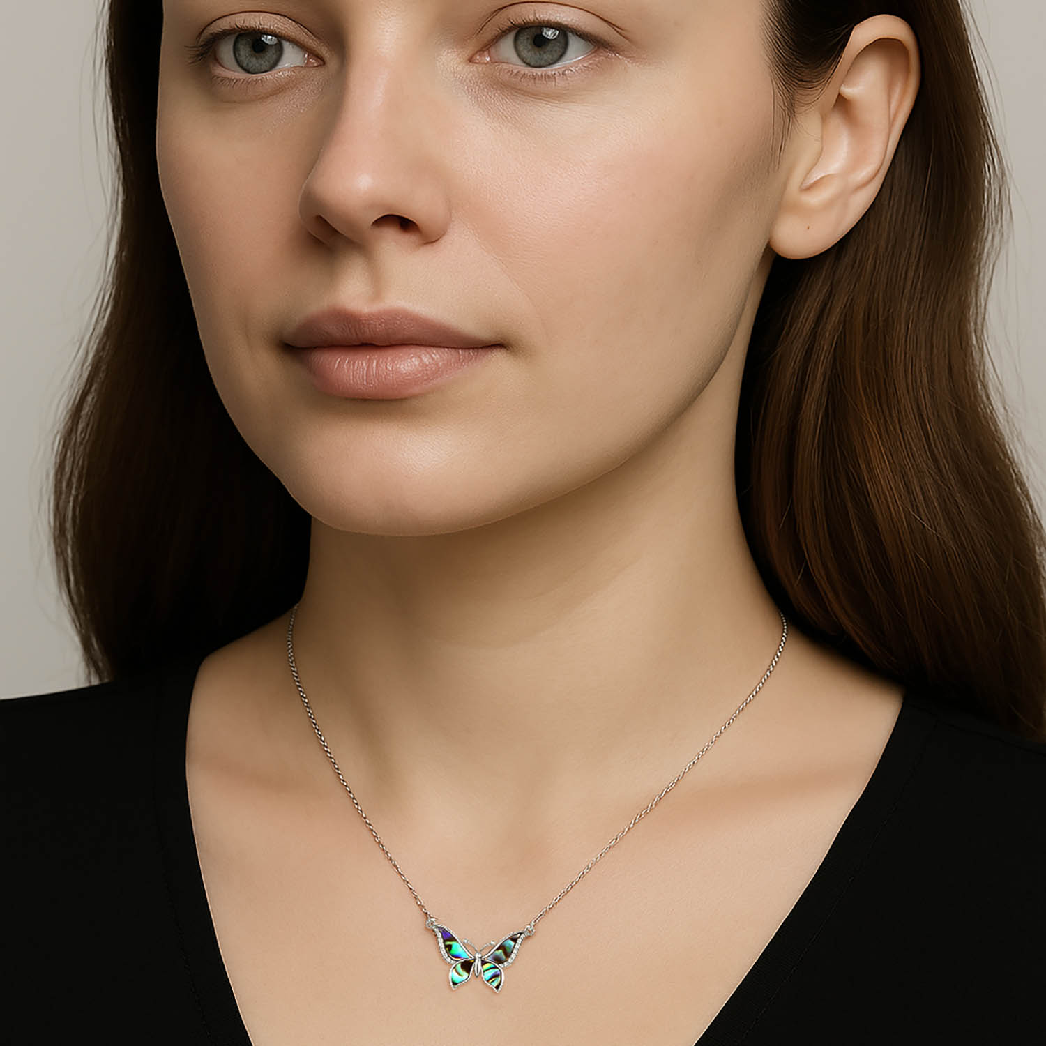 925 Sterling Silver Abalone Shell & CZ Stone Vintage Butterfly Pendant Necklace for Women