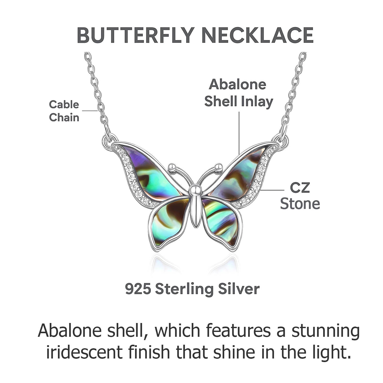 925 Sterling Silver Abalone Shell & CZ Stone Vintage Butterfly Pendant Necklace for Women
