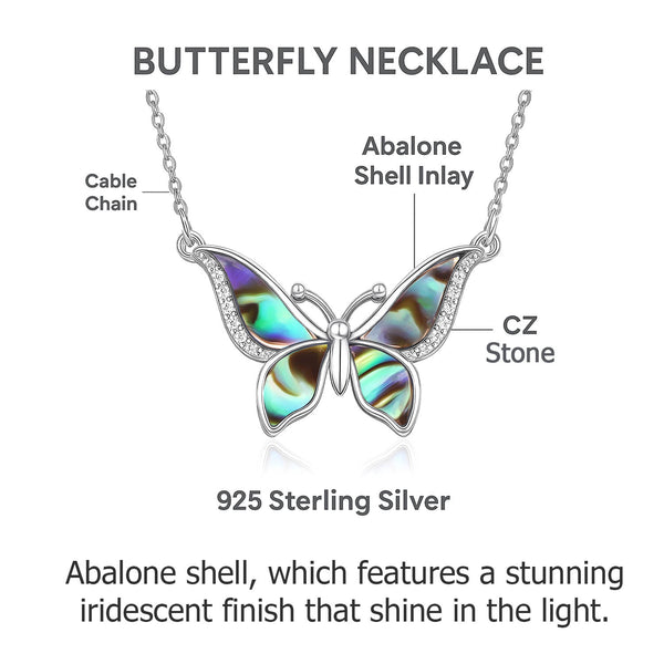 925 Sterling Silver Abalone Shell & CZ Stone Vintage Butterfly Pendant Necklace for Women