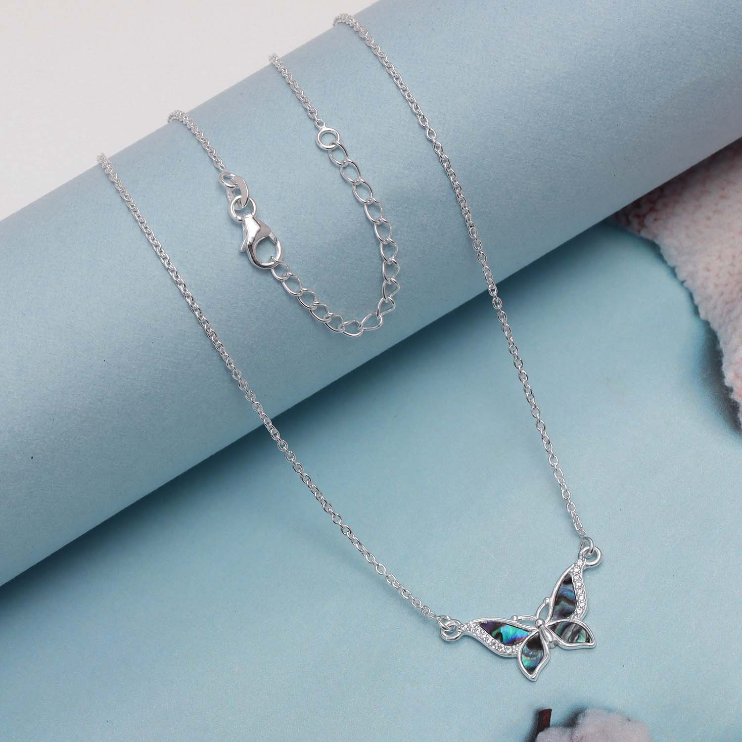 925 Sterling Silver Abalone Shell & CZ Stone Vintage Butterfly Pendant Necklace for Women