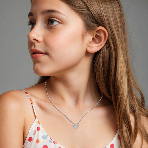 925 Sterling Silver Rhodium-Plated Heart CZ Necklace for 4 and above Years Children | Gifts for Kids