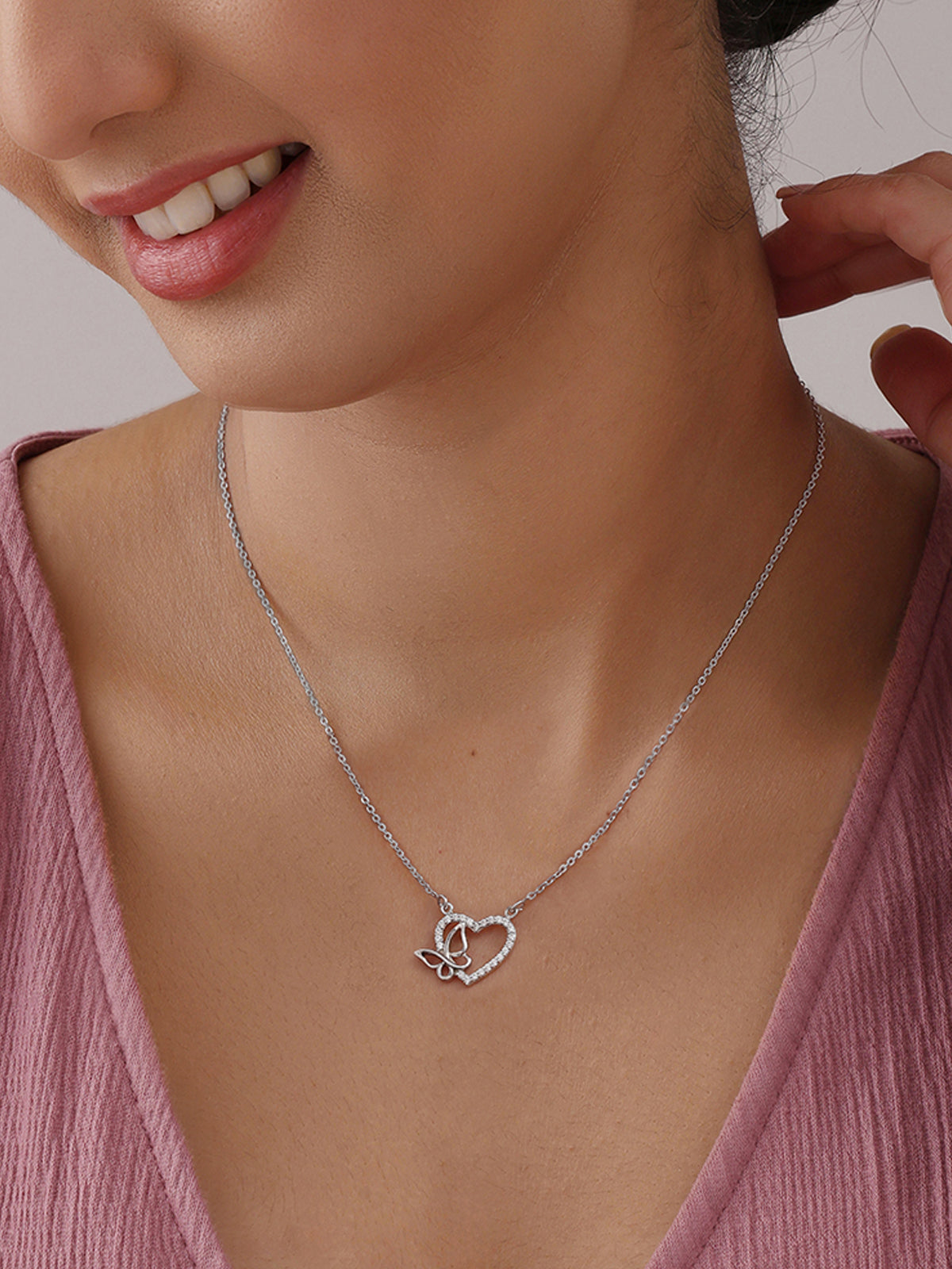 Crystal Heart Butterfly Pendant Necklace