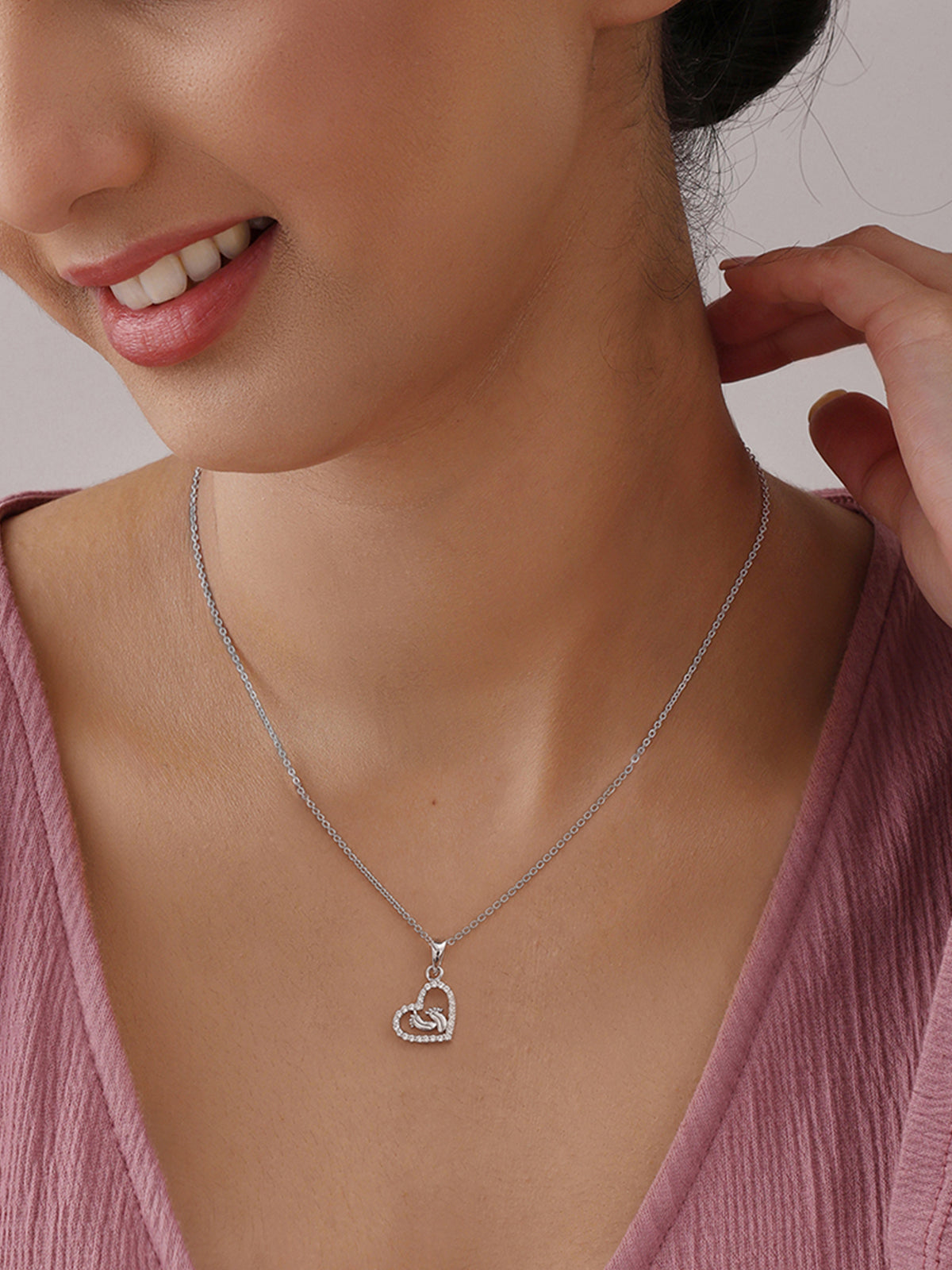 Crystal Heart Mother and Child Pendant Necklace