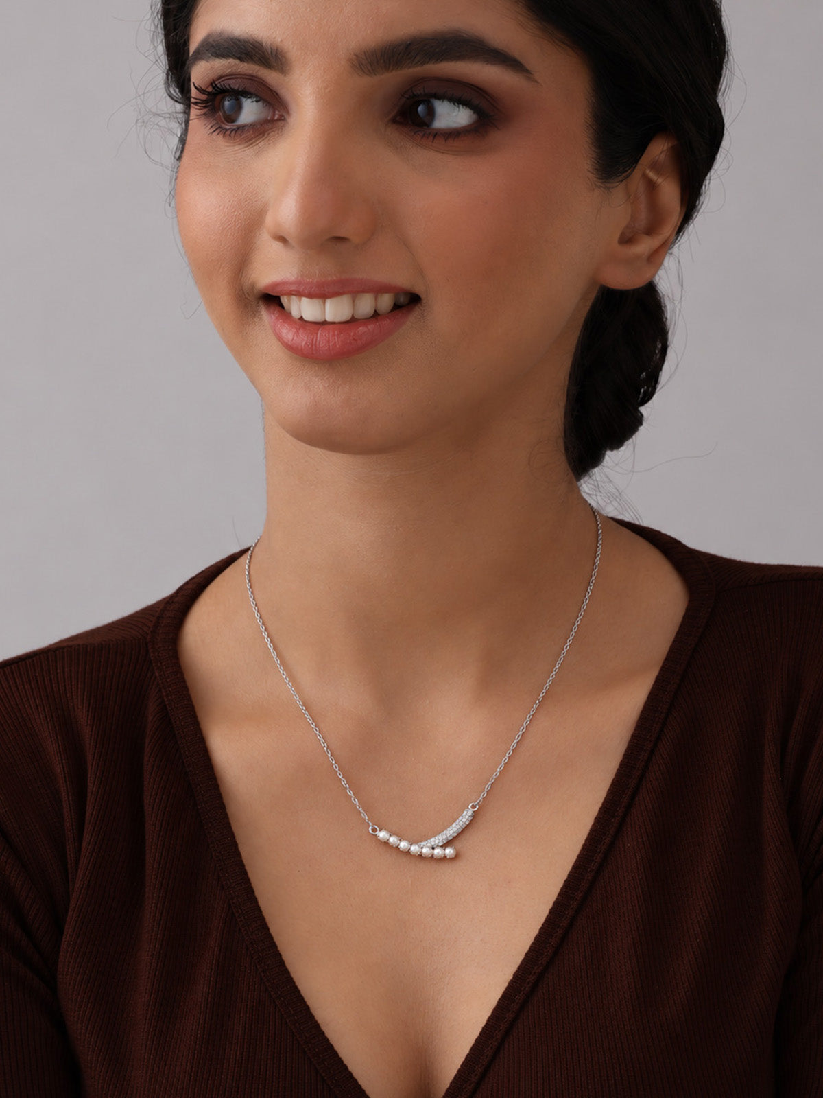 Elegant Curved Bar Pearl & CZ Necklace