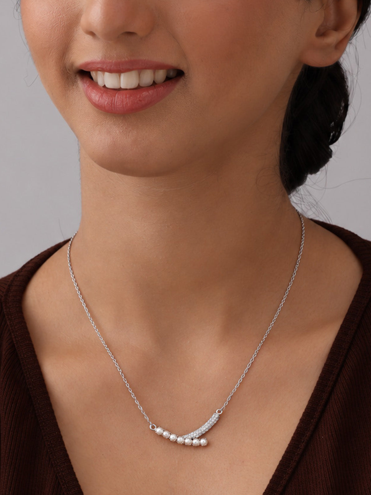 Elegant Curved Bar Pearl & CZ Necklace