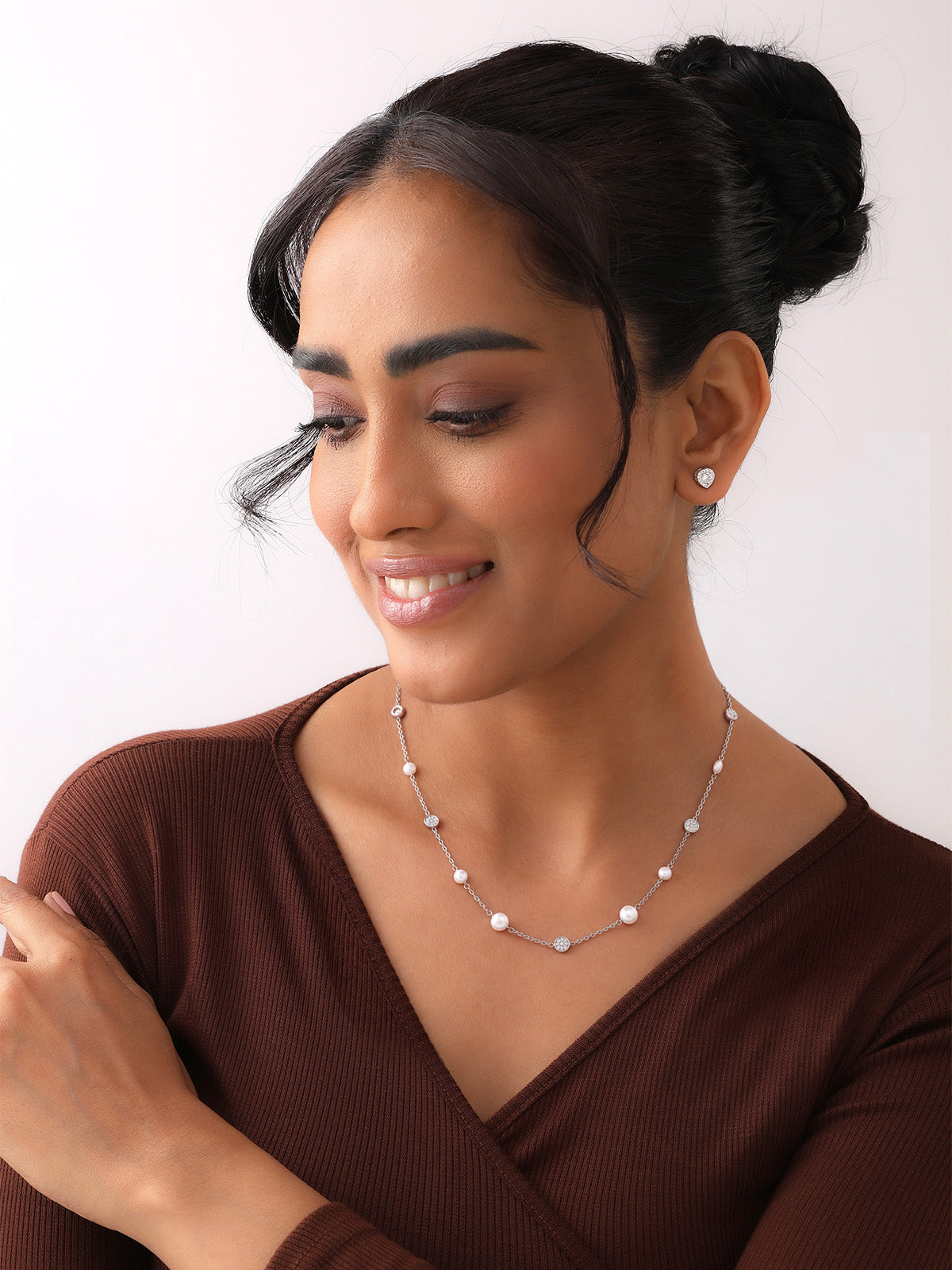 Pearl & Pavé Disc Station Necklace