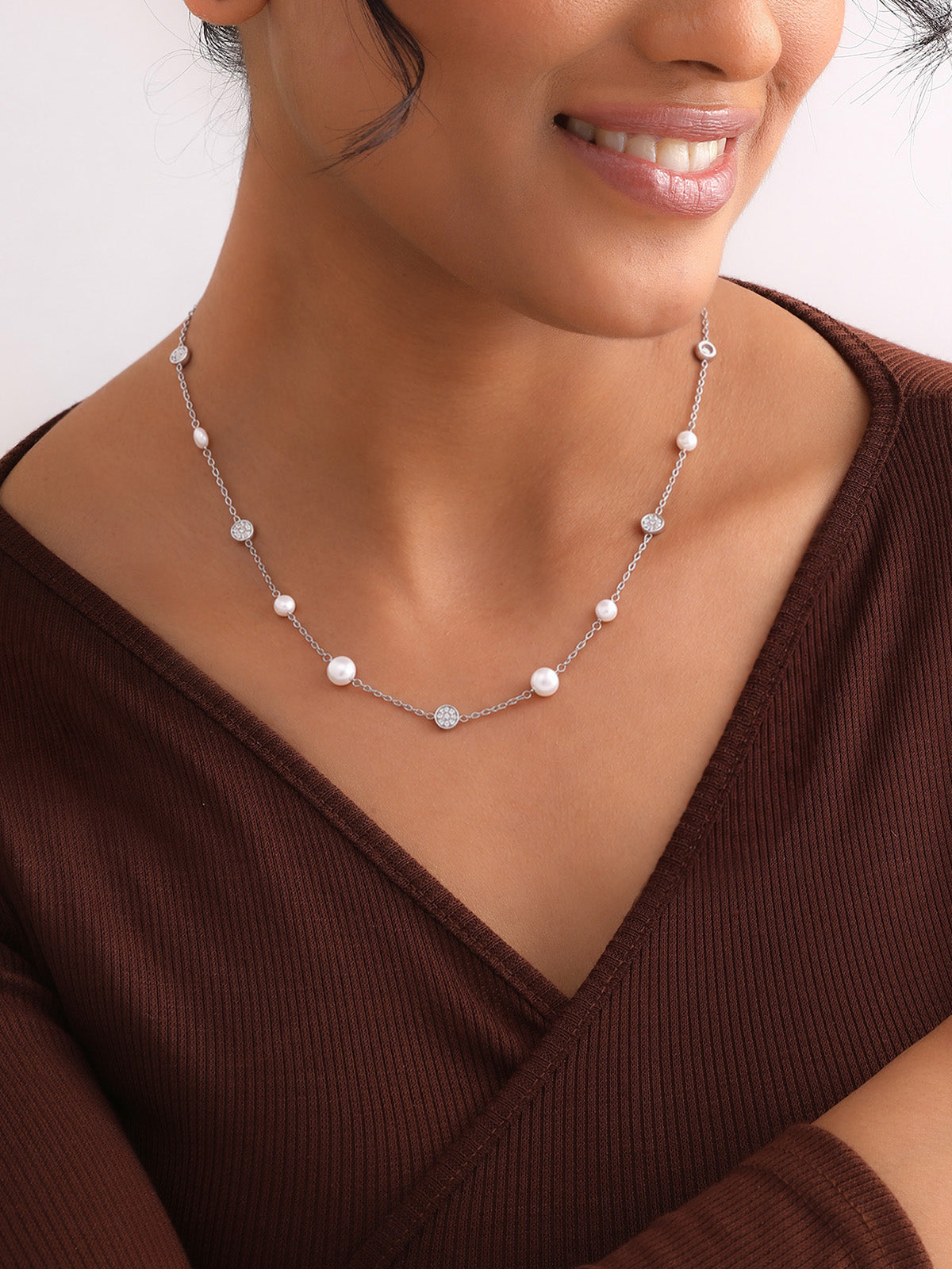 Pearl & Pavé Disc Station Necklace