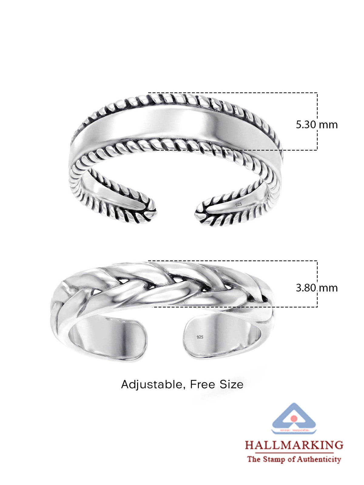 Regalia Braided Vintage Women's Toe Rings, Set of 2