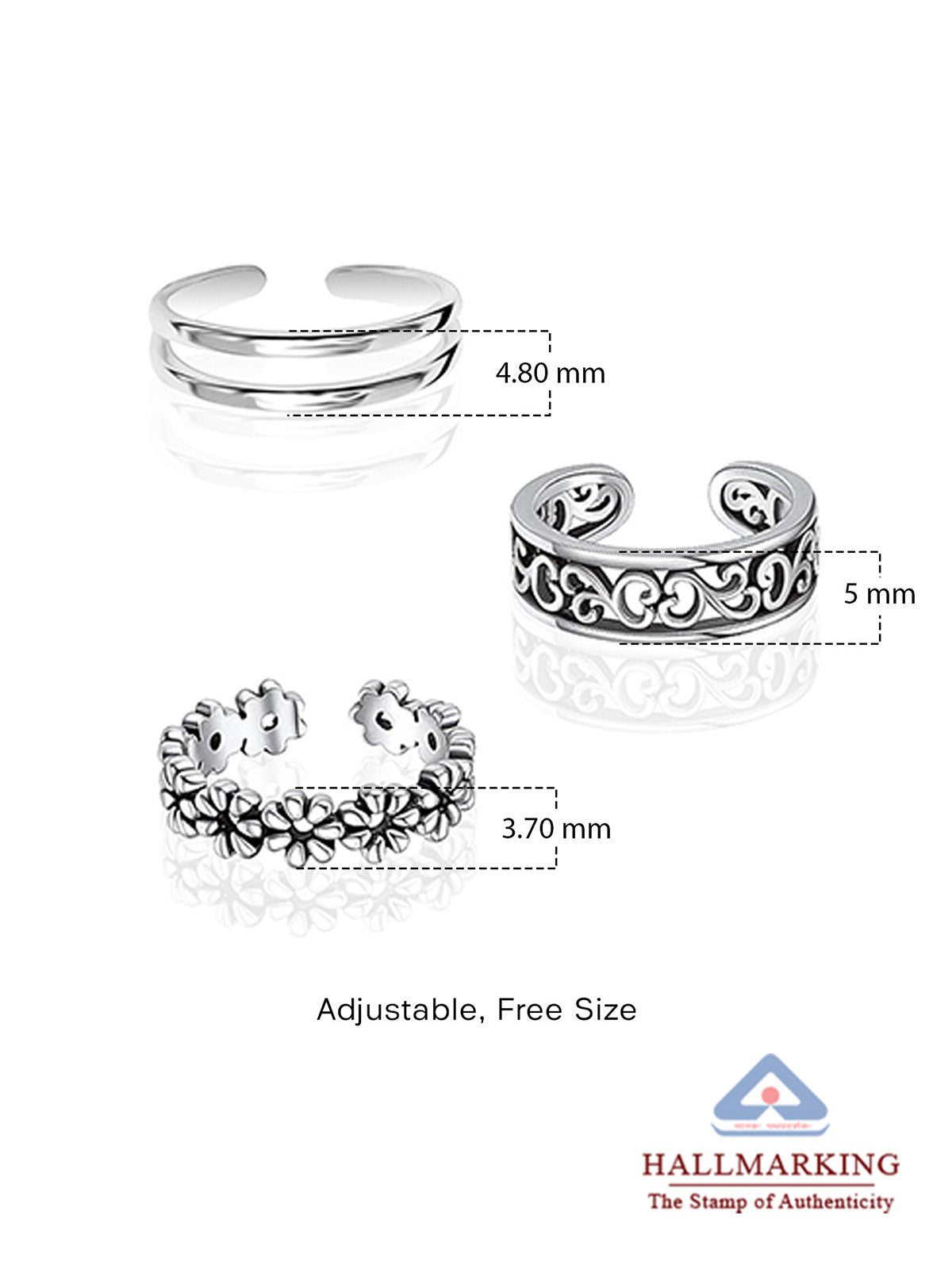 Flower & Heart Toe Ring Set - 3 Pieces