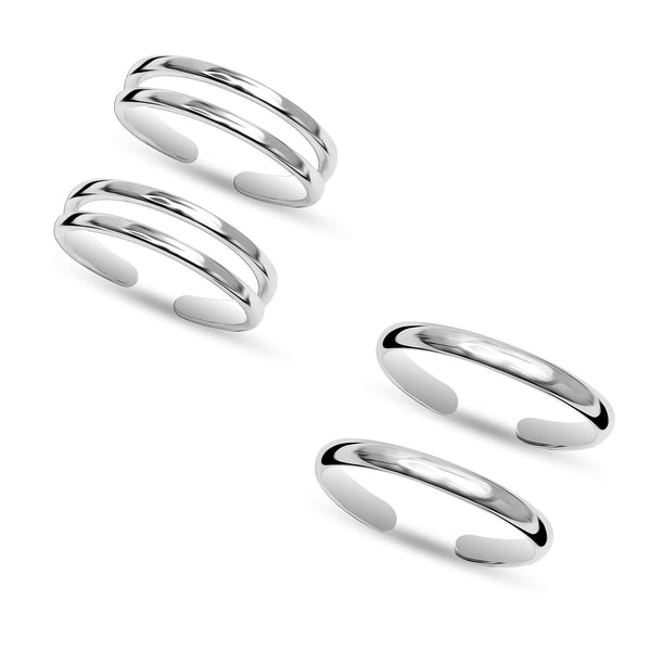 925 Sterling Silver Set of 2 Pairs Classic Liner Combo Adjustable Band Toe Ring for Women