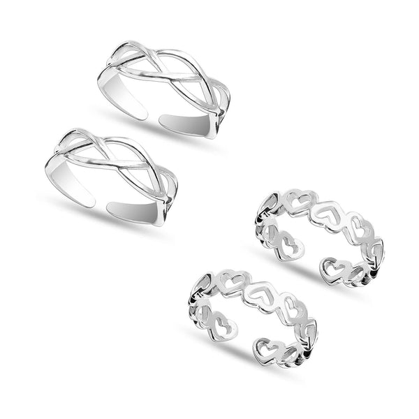 925 Sterling Silver Set of 2 Pairs Infinity Heart Combo Adjustable Band Toe Ring for Women