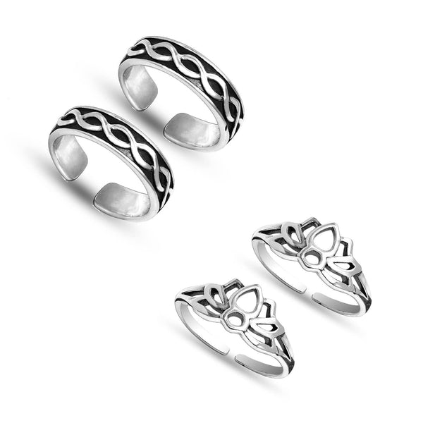 925 Sterling Silver Set of 2 Pairs Antique Infinity Lotus Style Combo Adjustable Toe Ring for Women