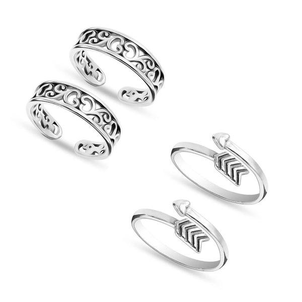 925 Sterling Silver Set of 2 Pairs Antique Combo Adjustable Toe Ring for Women