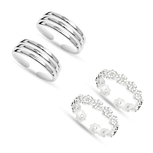 925 Sterling Silver Set of 2 Pairs Classic Flower Combo Adjustable Band Toe Ring for Women