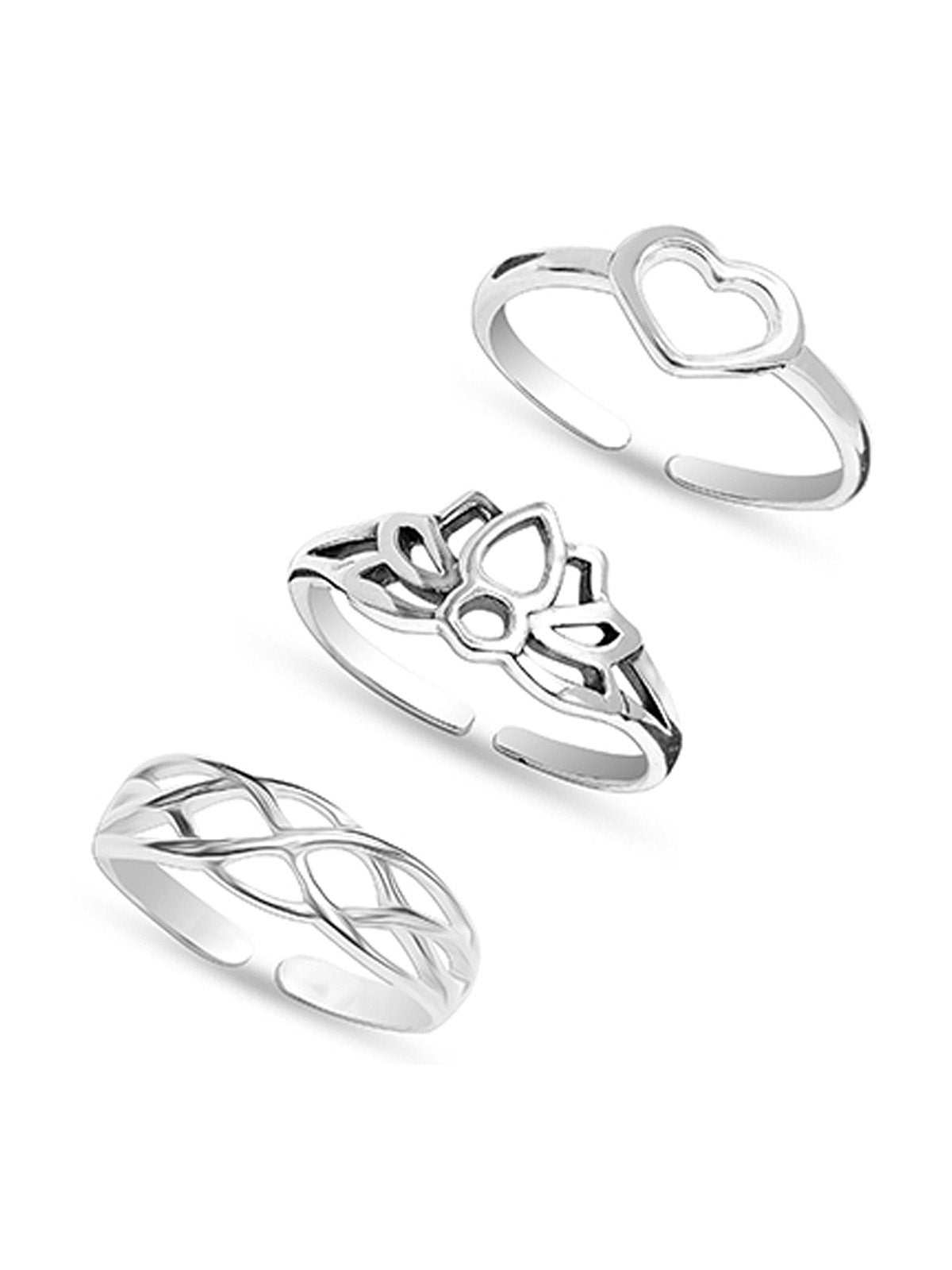 Mystica Heart Charm Women's Toe Rings, Set of 3