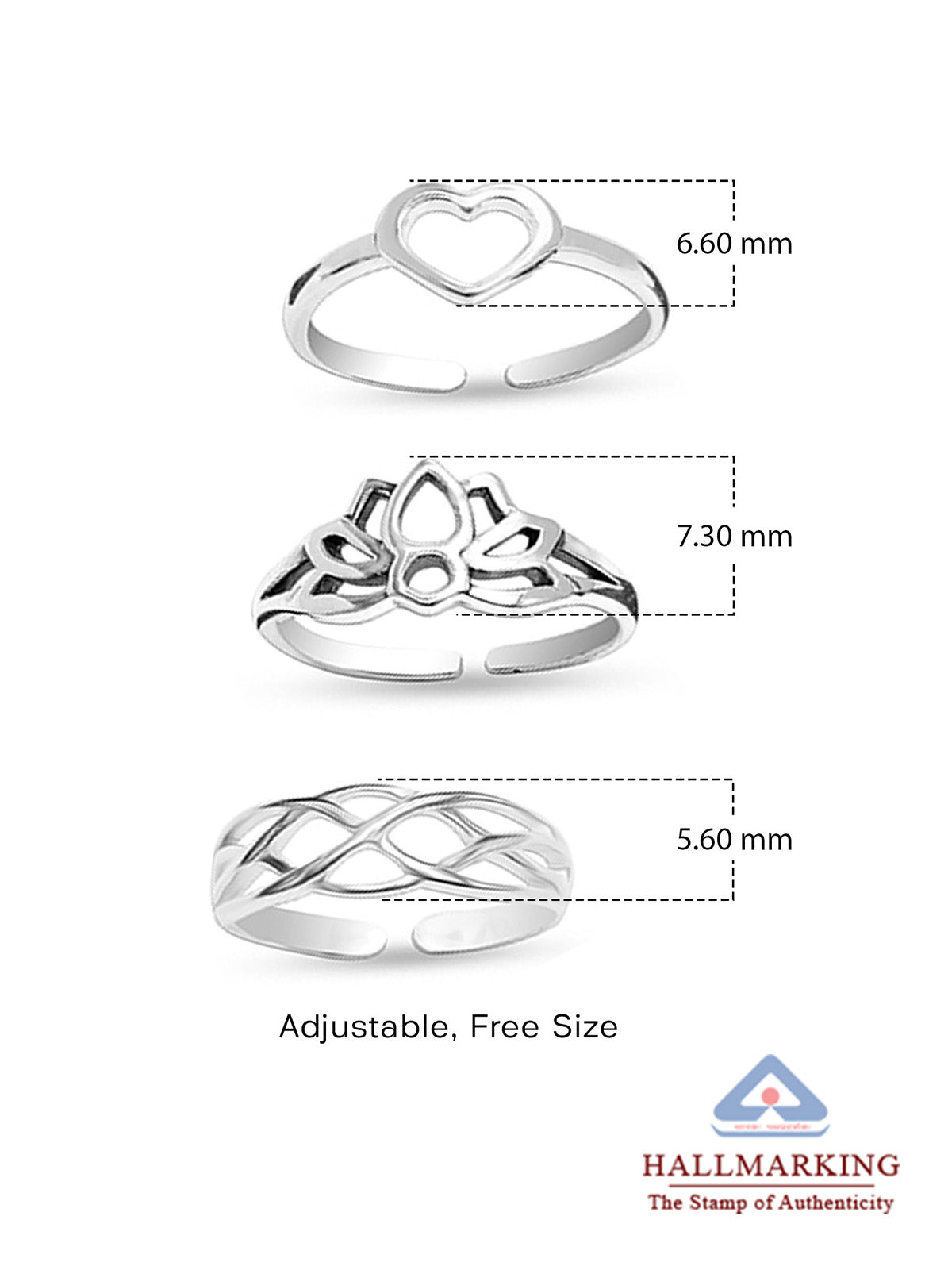 Mystica Heart Charm Women's Toe Rings, Set of 3