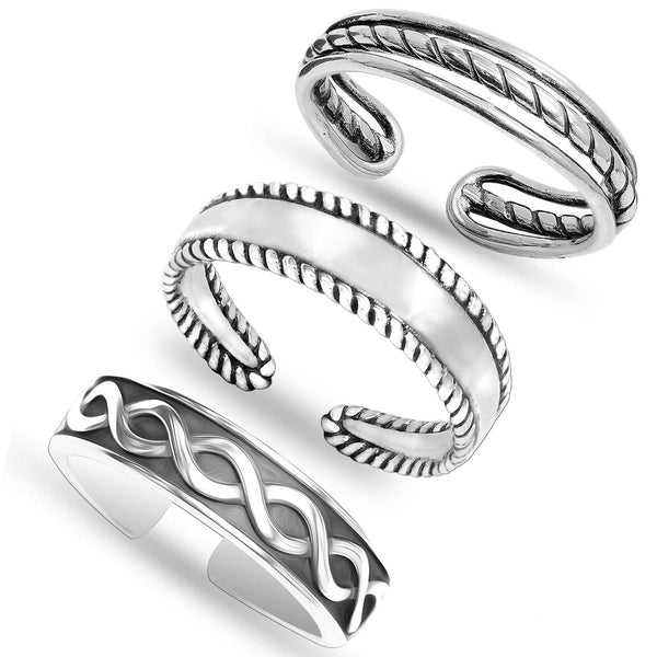 925 Sterling Silver Antique Texture Open Adjustable Toe Rings for Women Set of 3 Pcs