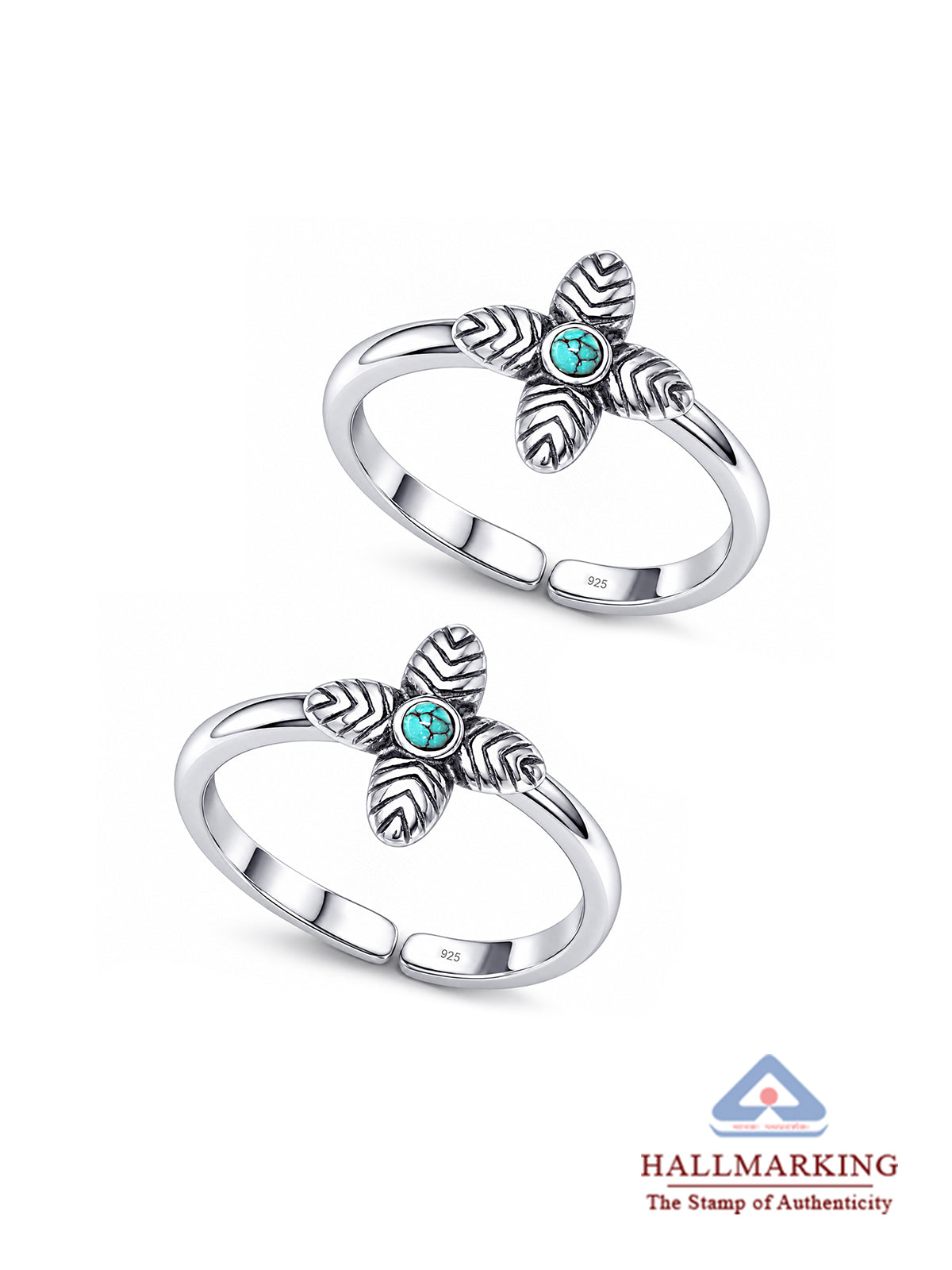 Oxidised Silver Turquoise Floral Adjustable Toe Rings