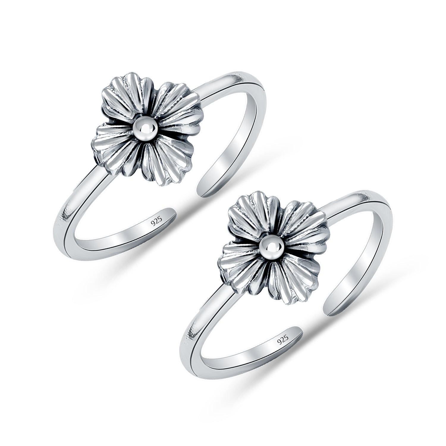 925 Sterling Silver Minimalist Open Adjustable Antique Flower Toe Rings For Women