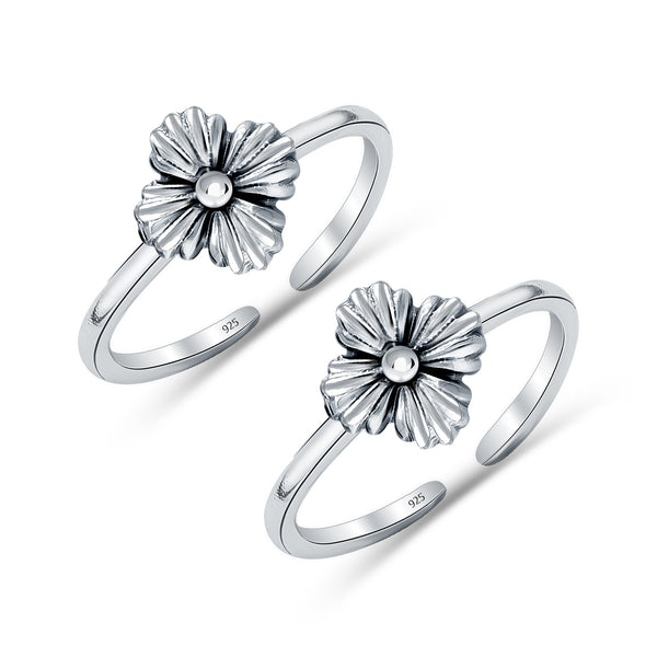 925 Sterling Silver Minimalist Open Adjustable Antique Flower Toe Rings For Women