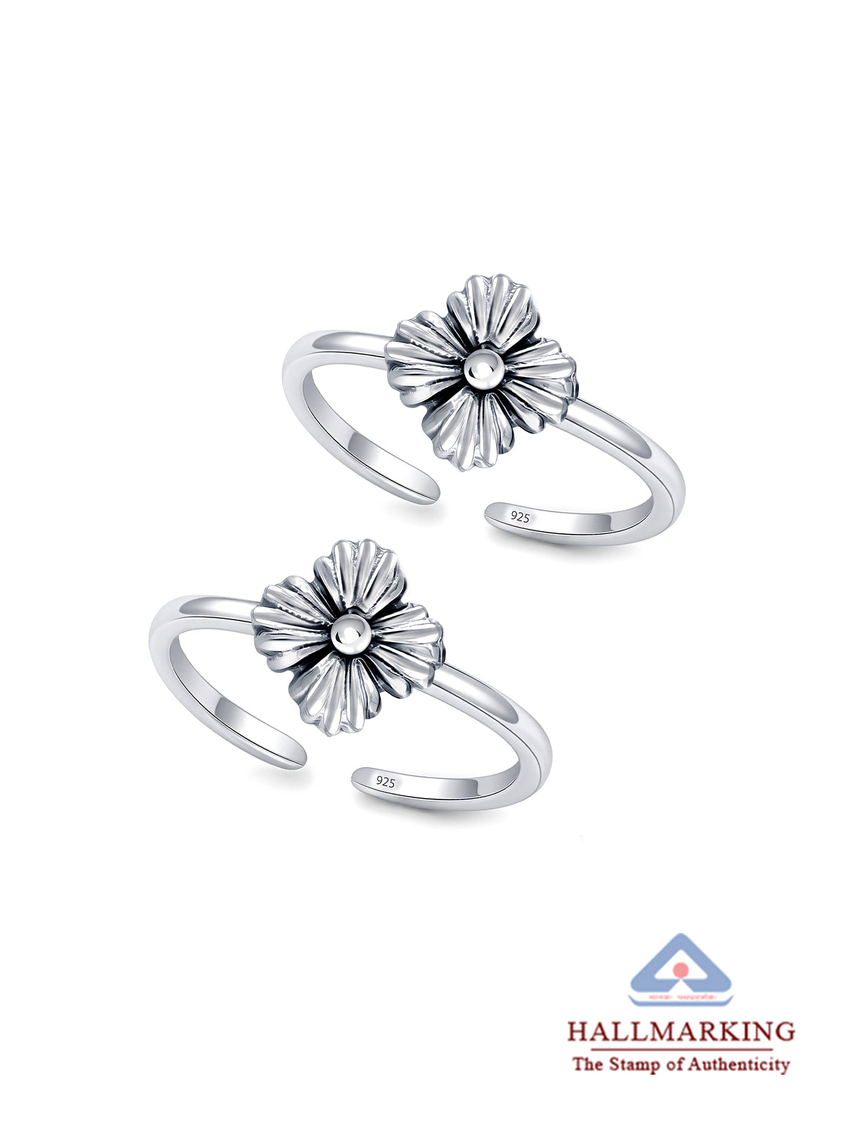 Oxidised Silver Textured Flower Adjustable Toe Rings