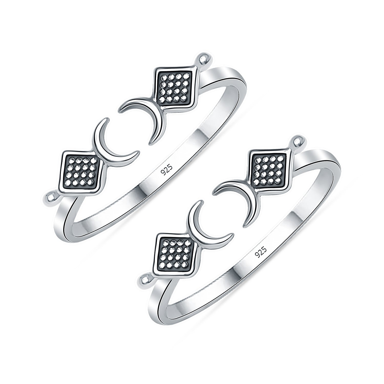925 Sterling Silver Open Adjustable Crescent Moon & Beaded Square Toe Ring for Women
