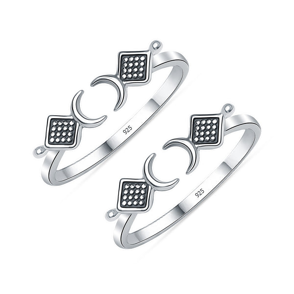 925 Sterling Silver Open Adjustable Crescent Moon & Beaded Square Toe Ring for Women