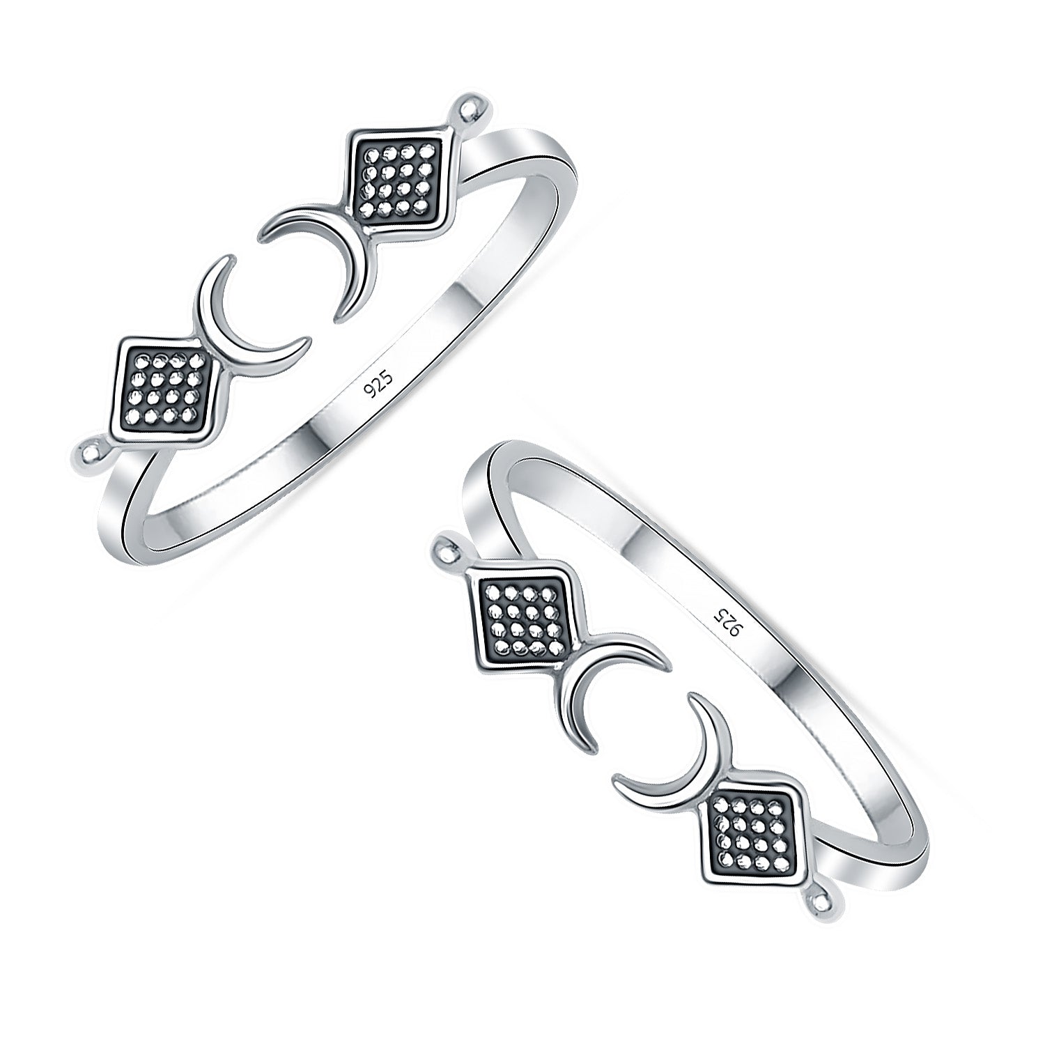 925 Sterling Silver Open Adjustable Crescent Moon & Beaded Square Toe Ring for Women