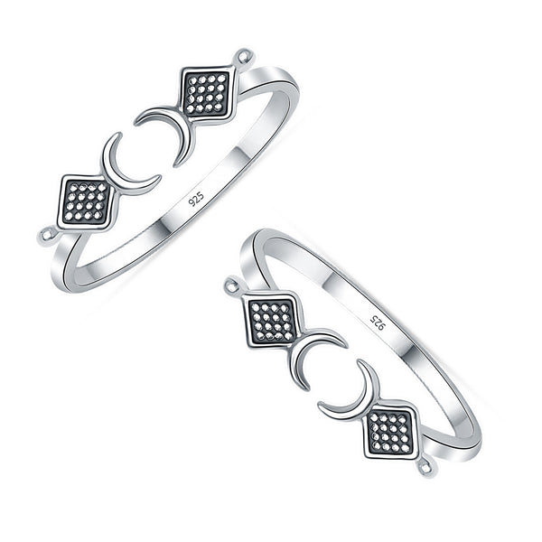 925 Sterling Silver Open Adjustable Crescent Moon & Beaded Square Toe Ring for Women