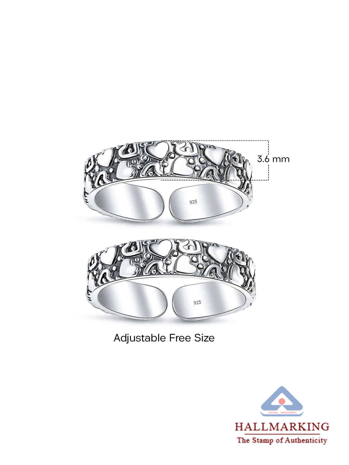 Oxidised Silver Heart Pattern Adjustable Toe Rings