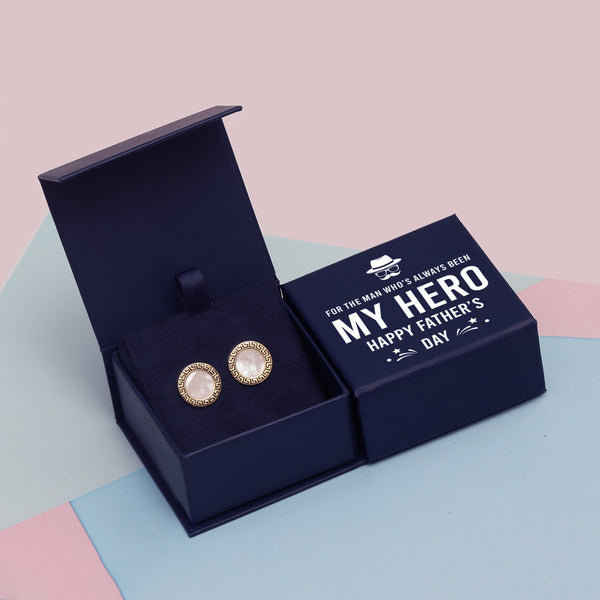 925 Sterling Silver 18K Gold-Plated Mother of Pearl Greek Key Cufflinks for Dad Father Grand-Father Men With Gift Box