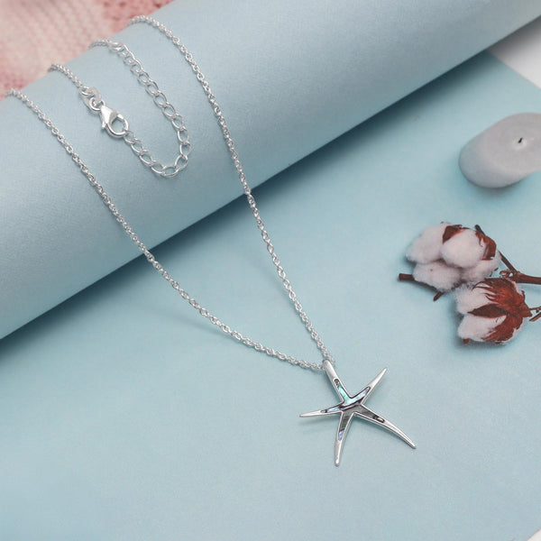 925 Sterling Silver Hawaiian Beach Nautical Ocean Abalone Shell Starfish Pendant Necklace for Women