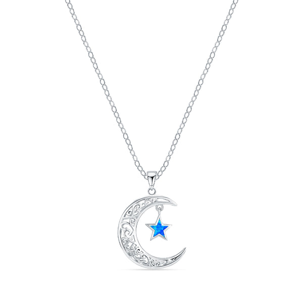 925 Sterling Silver Moon Star Crescent Mother of Pearl Pendant Necklace for Women