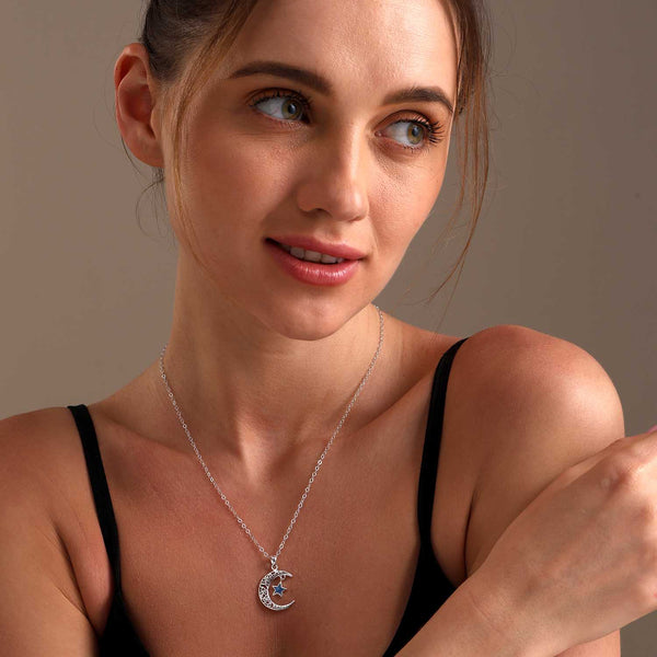 925 Sterling Silver Moon Star Crescent Mother of Pearl Pendant Necklace for Women