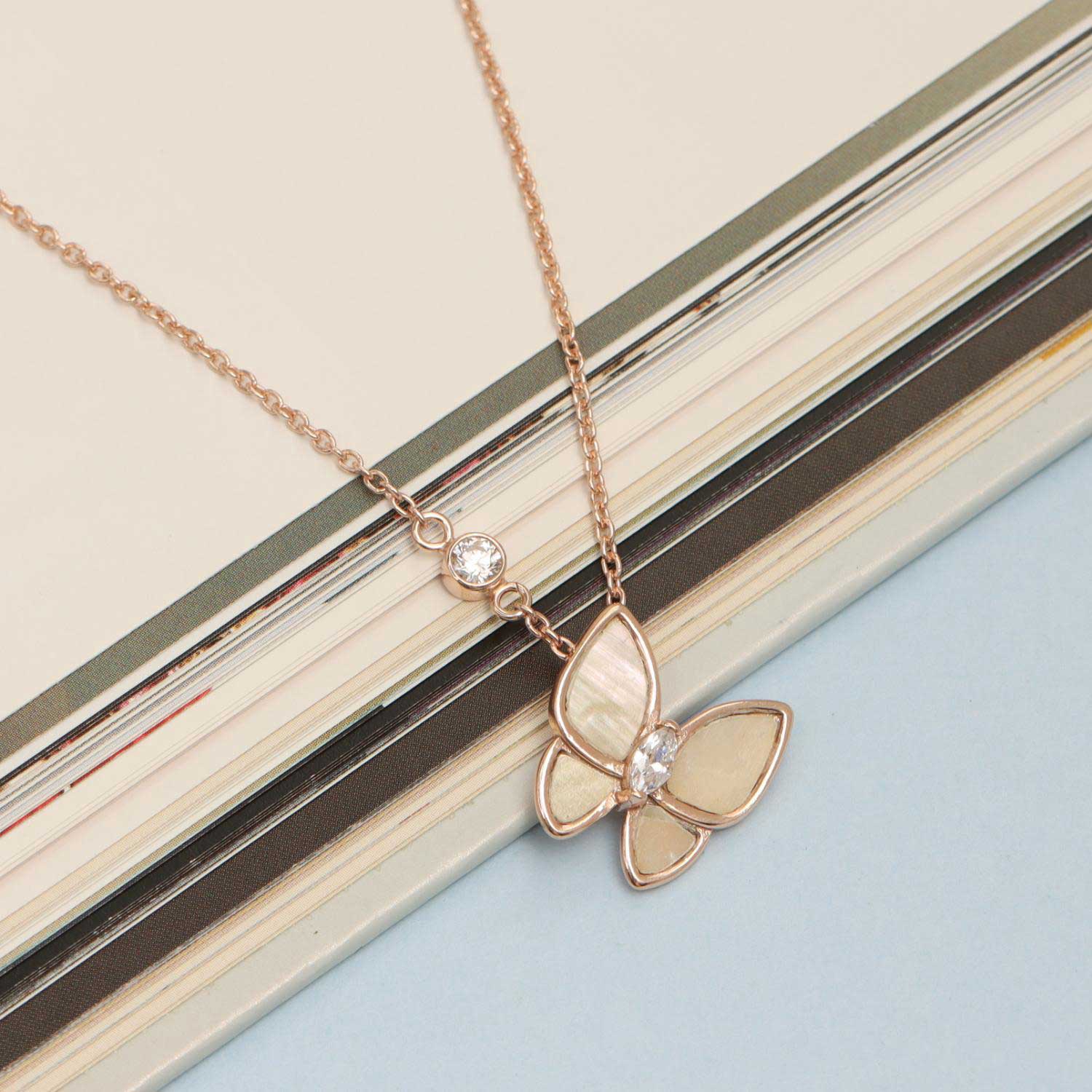 925 Sterling Silver 18K Rose Gold-Plated Mother of Pearl Butterfly Pendant Necklace for Women Teen