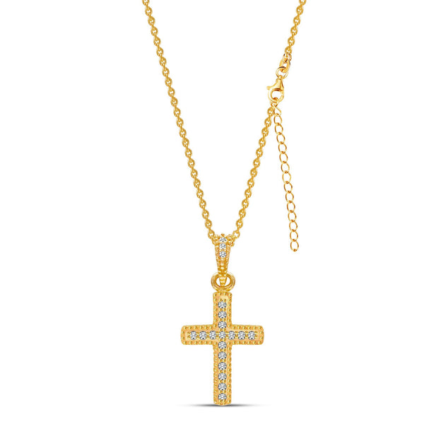 925 Sterling Silver 14K Gold Plated Cubic Zirconia Adjustable Cable Link Chain Cross Pendant Necklace for Women
